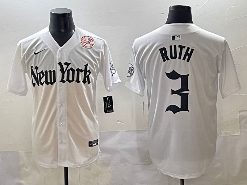 Men 2025 New York Yankees #3 Ruth White Five generations Joint Name Nike MLB Jersey style 40